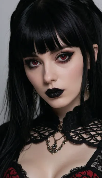 gothic, goth, pale skin, dark black-red eyes, black hair, bangs hair, black eyeliner, (black lipstick), white skin, perfect eyes, small eyes, detailed eyes, small nose, good anatomy, ultra detailed, high resolution, fake breasts, slut face, whore, (ahegao:1), sexy posing, (illustration:1), (hand drawn:1), (anime:1)