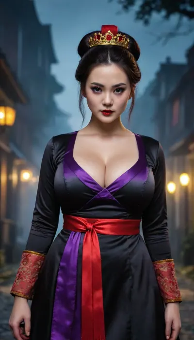 A beautiful Chinese woman in a Chinese Jiang Shi style costume, a black satin dress with red trim, and a traditional bun. The dress has a mandarin V-neck that shows off her cleavage, long sleeves, and a slightly flared A-line skirt. A red patterned sash tightens around her waist. She wears a top hat-like hat, and three gold/yellow rectangular objects are pinned to her forehead. The background is a night scene with out-of-focus figures in dark clothing, suggesting a horror or supernatural setting. The background depicts blurred figures that appear to be zombies or ghosts, standing in front of a dark vehicle. The color palette is dominated by blues, purples, and jet blacks, with touches of bright red accents. The lighting is dramatic and atmospheric, creating an impressionistic effect with fangs sticking out of her lips. The overall aesthetic is a mix of fantasy and horror, she has plump body and very big breasts, natural big breasts, big tits, plump body, <lora:milkers_v2:.5>, .