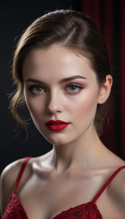 masterpiece, best quality, ultra-detailed photorealistic portrait of a stunning young woman, (flawless pale alabaster skin:1.1), (shockingly red lipstick), elegant shockingly red dress, minimalist composition, sharp focus on eyes and makeup details, textured dark charcoal grey studio background, subtle vignette, (dramatic cinematic lighting:1.2), strong key light illuminating the face, soft rim light creating separation, deep contrasting shadows, shot on Sony A7R IV with 85mm f/1.4 lens, shallow depth of field, bokeh background, professional color grading, RAW photo quality, 8k UHD, insanely detailed, intricate details, award-winning photography, striking visual contrast, elegant