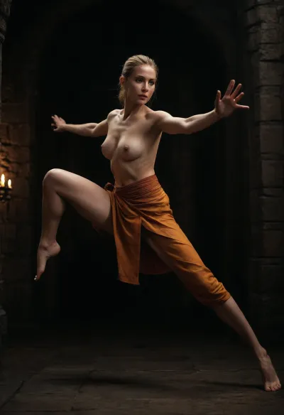 fantasy female monk exploring dark dungeon, doing a high kick, slender body, small breasts, (dark fantasy dungeon background), (night), full body, fantasy monk Kāṣāya, ultra detailed, intricate details, (photorealistic:1.2), 8k, UHD, warm side light, contrast, sharp focus, (masterpiece:1.2), detailed eyes, beautiful eyes, hyper detailed skin, hyper detailed nipples, hyper detailed breasts