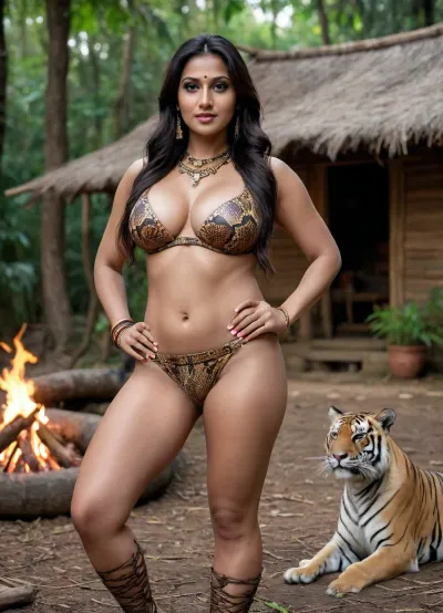 tribal indian milf, age 35, long hair, perfect curvy body, big boobs, perfect big chubby body, happy, in jungle, tribal clothes made up of skin of a snake, tribal jwellery accessories, tribal Apparels, clothing clothing, tribal garments, kamasutra, with a tiger, near a campfire, tribal hut in the background