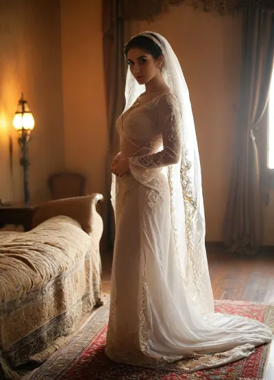 full body image, A high-end, modern bridal portrait of a slightly curvy Iranian bride in a luxurious white wedding gown with subtle Persian-inspired embroidery. She is posing gracefully in front of a warm, golden-hour lighting gently highlights her features. Her makeup is a refined blend of traditional Iranian elegance and modern beauty trends. She wears delicate gold jewelry and a light lace-trimmed veil. The photo is taken with a shallow depth of field, Several naked Arab black men are lined up for the bride. cinematic mood, and a soft, glowing tone that emphasizes confidence and warmth. Studio-style composition with clean, upscale aesthetics., <lora:MJ52:.8>, Persian, patterns, Patterns, Pattern, <lora:patterns_beautiful_persian_patterns:.8>, <lora:gloomy_blue_aesthetic:.8>