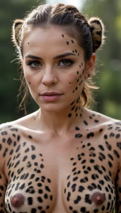 Antropomórfico, (leopardo), skin leopardo, full motled, olhando pro lado, mulher orc humanoide, cor de pele humana, on her all four, pele realista, ultra realismo, alta definição, fundo solido.