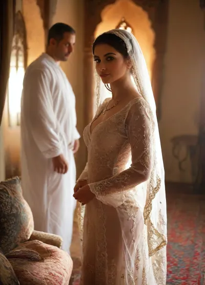 full body image, A high-end, modern bridal portrait of a slightly curvy Iranian bride in a luxurious white wedding gown with subtle Persian-inspired embroidery. She is posing gracefully in front of a warm, golden-hour lighting gently highlights her features. Her makeup is a refined blend of traditional Iranian elegance and modern beauty trends. She wears delicate gold jewelry and a light lace-trimmed veil. The photo is taken with a shallow depth of field, Several naked Arab black men are lined up for the bride. cinematic mood, and a soft, glowing tone that emphasizes confidence and warmth. Studio-style composition with clean, upscale aesthetics., <lora:MJ52:.8>, Persian, patterns, Patterns, Pattern, <lora:patterns_beautiful_persian_patterns:.8>, <lora:gloomy_blue_aesthetic:.8>