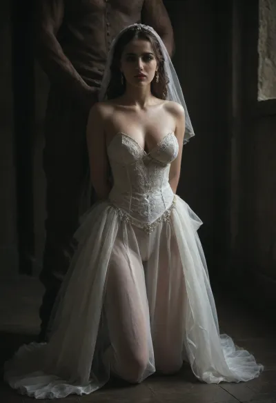 Interracial, A curvy Iranian bride is presented in the royal court of Persepolis, standing in slutty wedding dress, golden cuffs and a sheer white veil. Her hands are bound behind her back with silk. High-ranking generals and scribes look on as she kneels before the Great King. Her body is an offering, her voice silenced by ritual. She is placed on a platform of jade and gold, eyes lowered. This is not a wedding — it's a gift of flesh and loyalty to the empire.


BadX, <lora:dark:.5>, <lora:add-detail-xl:.8>, <lora:677862_training_data:.7>, <lora:FF.102.colossusProjectXLSFW_49bExperimental.LORA:.8>