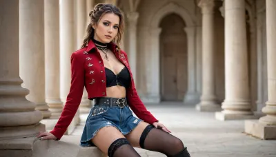 27yo fit women the goddess persephone wearing detailed, (crimson-wool-stand-collar-jacket), and, (oversized-triple-belt-slouch-boots), with her back to the camera., (body shot from behind:1), lounging with each other, (black garter:1), (leather harness), (chunky silver pentagram and skull silver jewellery:1), (buckle details:1), (silver body jewelry:1), (full body portrait:1), (stand-collar-jacket:1.2), (stand-collar), (copper details), (elaborate bohemian loose-braided hair), (rave-style), (bohemian style), (rave-scene), (inside elaborate fantasy snow-temple:1), (belly button ring:1), (wide flick eyeliner:1), (sunkissed brunette), (seductive), (Distressed Denim-open-leg-skirt:1), (sun-kissed brunette), (sports model photo-shoot), (Full length portrait), (hanging beneath skirt hem, (Floral Lace Garter Belt for Thigh High Stockings:1))