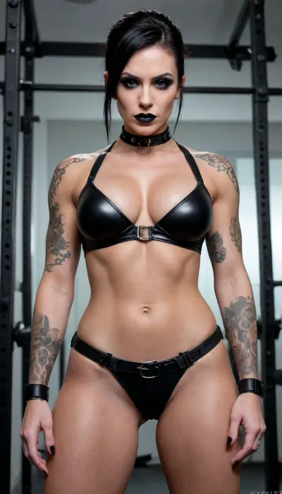 full body shot, a belt is wrapped around her chest over her breasts as a makeshift bra, gorgeous, athletic, goth girl, bodybuilder physique, hairy pussy, extremely horny expression, tattoos all over, extremely muscular, extreme muscle definition, massive breasts, breast sag, dominant, showing off her body, perfect beautiful face, fit athletic body, huge muscular legs, extremely toned abs, wide shoulders, heavy goth makeup, black lipstick, looking at viewer hungrily, lustful eyes, choker, full body
