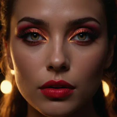 (photorealistic:1.3), (studio portrait:1.2), of a stunning young woman, (extreme close-up on face:1.1), wearing, (intense, vibrant, intricate, makeup:1.5), on eyes, cheeks, lips., (Strong backlighting:1.5), (dramatic rim light:1.4), (deep shadow:1.2), (face partially in shadow:1.4), (dark background, black backdrop), ., (Intense gaze:1.1), confident expression., (Cinematic lighting:1.2), (high detail:1.3), (sharp focus:1.2), (8k resolution:1.1), professional photography, professional color grading, RAW photo quality, Vogue cover