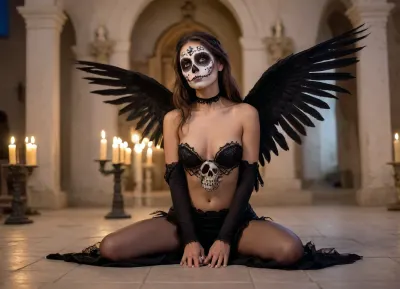 by nigth, (Very detailed, deep depth of field, ultra-high resolution), (Sharpened, Parallax, Candlelight, Overexposure), (Dramatic midnight with long shadows), (A young, beautiful, wild, seductive, coquettish, slender, [Mexican], , , woman), (She is wearing a La Muerta costume with black wings and is at a Mexican La Muerta festival), (She dances and poses in front of a old Mexican church in the Mexican desert with a skull), (She kneels), (She hold a skull), (skulls and candles stand on the floor), (Flat small breasts, natural soft shining skin, soft face and body), (She plays romantically with her hair), (She looks somewhere), (((Worm's eye back view))), (Face closeup)