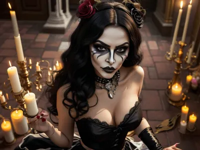 Photorealistic, Very detailed, deep depth of field, ultra-high resolution, Sharpened, Parallax, Overexposure, Wide Angle, PopArt, Cinematic, Dramatic dark sunset with long shadows, A young, stunning, wild, seductive, coquettish, slender, Mexican woman, She is wearing a La Muerta costume and La Muerta Makeup, Mexican jewelry, She is performing an occult La Muerta ceremony in a church in Mexico with a skull, (She hold a scull), (sculls and candles stand on the floor), Candlelight, She have flat small breasts, natural soft shining skin, soft face and body, She plays romantically with her hair, (She is looking in any direction), (((bird's-eye view from any direction))), (Face closeup)