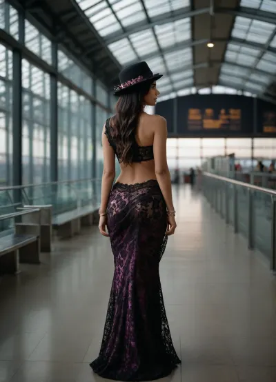 “
A young indian woman with long dark hair standing in a modern indoor setting, possibly an airport or train station, with a glass structure and seating area in the background. She is wearing a sheer black lace sari with intricate patterns and a matching black hat, with a pink bangles being pulled off over her head, revealing her back. She is also wearing sheer black tights, and the scene appears to be captured in a candid moment., views her back side, looking forward" Cinematic and luxurious, view alutrawide angle, wide angle, full extra wide angle, full portrait, 4k details, extra detail, soft hands, sober face