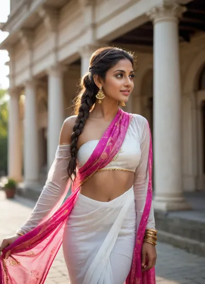“Abeautiful South Asian woman dressed in a hot wet sari, flowing white outfit with bold pink patterns transparent, ((not wearing indide)), standing in a sun-kissed urban plaza with classic architecture in the background. Her attire drapes gently around her curves, ((big glossy butt)), ((nig shinning Ass), and a sheer scarf partially covers her head, adding an element of mystery. Her long braid, adorned with golden jewelry and tassels, falls gracefully down her back. She glances over her shoulder with a teasing smile, capturing a moment of quiet confidence and allure. The lighting creates soft highlights on her skin and fabric, evoking a sensual, dreamy mood. The scene blends cultural elegance with subtle romantic energy in a modern outdoor setting."
" back side, looking forward" Cinematic and luxurious, view alutrawide angle, wide angle, full extra wide angle, full portrait, 4k details, extra detail, soft hands, sober face)