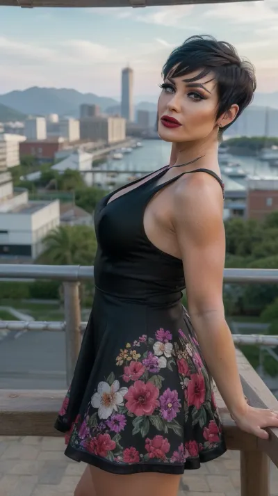 (4K UHD ultra-detailed RAW photo), high detailed, 8k, (photorealistic:1.7), Pin-up angry fit women 50 yo look at viewer, party outdoor, in dress. black short hair, pixie cut, 3/4 length view, (makeup:1.2), (4K, high resolution, best quality), MHmix, wearing, (view from below:1.2), <lora:weight_slider_v2:.7>, <lora:curly_hair_slider_v1:.1>, <lora:hair_length_slider_v1:.1>, <lora:MHmix:.5>