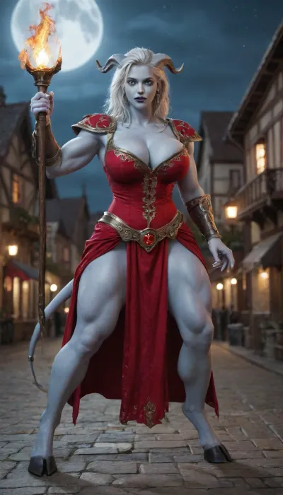 world of warcraft draenei costume, wearing long red mystic robes over her entire body, full view, all body, massive bodybuilder woman with huge bolt-on tits and fit toned body, (massive muscles:1.1), summoning a wild magic spell from her hands, animate a sorcery spell appearing from the palms of her hands, blue skin, yellow scleras, horns, hooves, short messy white hair, sexy, (action shot while spellcasting in a medieval fantasy town at night:1.3), moon
