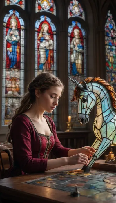 Half body view, A glassblower is sitting making stained glass at a table, ((she is picking up bits of glass, her glasswork on the table depicts a majestic unicorn)), building a masterpiece, (((holding pieces of stained glass))), middle ages, historical art, A woman facing and working on her artwork, Photorealism, ultra detail, inside a gothic cathedral that adorns her artwork within the stained glass windows, she has braided hair styled in the middle ages, Glowing, Stained, Glass, <lora:Glowing_Stained_Glass_XL-000016:.7>