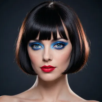 shot of a beautiful woman, (((jet-black micro bob hair with full blunt bangs))), (((red lipstick, black fashion style eyeliner, black eyeshadow))), (((nude))), (((blue eyes))), woman looking at viewer, seductive look on her face, closeup view from the side, solid black background, high contrast lighting, <lora:Creat0r_MagicDetailzV2_FIX:.1>