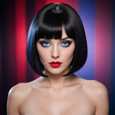 shot of a beautiful woman, (((jet-black micro bob hair with full blunt bangs))), (((red lipstick, black fashion style eyeliner, black eyeshadow))), (((nude))), (((blue eyes))), full lips, woman looking at viewer, submissive look on her face, closeup view from the side, solid black background, high contrast lighting, <lora:Creat0r_MagicDetailzV2_FIX:.1>