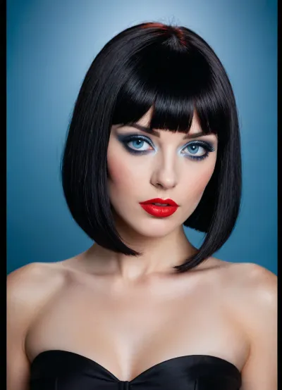 shot of a beautiful woman, (((jet-black micro bob hair with full blunt bangs))), (((red lipstick, black fashion style eyeliner, black eyeshadow))), (((nude))), (((blue eyes))), full lips, woman looking at viewer, submissive look on her face, closeup view from the side, solid black background, high contrast lighting, <lora:Creat0r_MagicDetailzV2_FIX:.1>