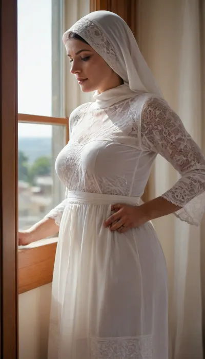 ((open wearing of burqa)), chest out burqa, a slim very curvy milf stood at a big window with blinds, through the blinds the sunlight covered her beautiful breasts with sun rays, a side view, lace girl apron, show her bare saggy breasts, (White lace nightgown), <lora:saggy breasts XL:.5>