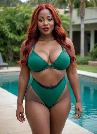 milf, curvy body, full plump tits, long red hair, hip length hair, green swimsuit, bdsm, dark skin, (black skin:1), red lipstick, shaved pussy, standing, seductive smile