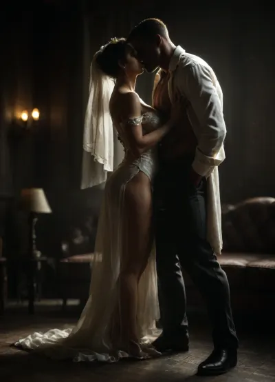 interracial, big black penis, a sensual scene in a dimly-lit modern loft apartment, (a beautiful Persian busty bride), in a silky white robe sitting on a dark leather couch, her black hair sleek and loose, ((a tall muscular Black man with an urban look stands near the bride and fuck her ass hard)), pain in her face, wet ass large black penis, cigarette in hand, watching them in silence — soft shadows, moody lighting, cinematic and emotionally charged atmosphere, ((white man in a white suit)), kissing the bride's belly as her cuckold husband



girl, love, 13th, floor, style, reij-snrs, light, and, shadow, by, <lora:dark:.5>, <lora:love:.7>, <lora:M05_Intensify:.6>, <lora:13th floor style:.9>, <lora:sunriseSDXL-000009:.6>
