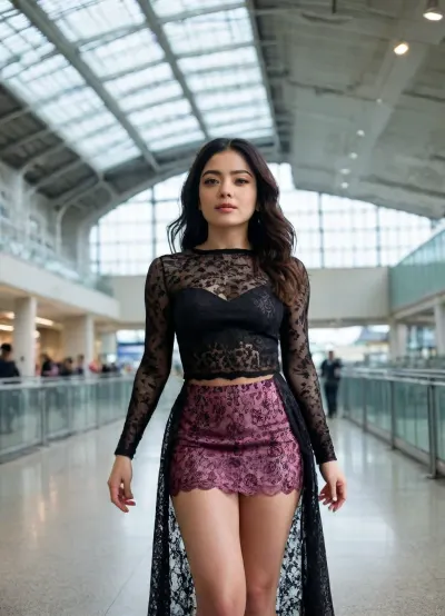 “
A woman with long dark hair standing in a modern indoor setting, possibly an airport or train station, with a glass structure and seating area in the background. She is wearing a sheer black lace top with intricate patterns and a matching black skirt, with a pink top being pulled off over her head, revealing her back. She is also wearing sheer black tights, and the scene appears to be captured in a candid moment." Cinematic and luxurious, view alutrawide angle, wide angle, full extra wide angle, full portrait, 4k details, extra detail, soft hands, sober face, Rashmika, <lora:XLRash2:.8>