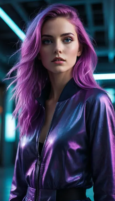 A mesmerizing, high-contrast photograph with a gritty, film-like quality, achieved through the use of negative infrared and cross-process techniques, resulting in an intense, neon-like glow. Ethereal glowing hair. The subject, a model, confidently with blurred, dynamic lines, conveying a sense energy. The model wears a rare, glitch-inspired outfit with distorted, pixelated patterns, evoking a futuristic, Matrix-like aesthetic. The image is captured from a dynamic, low-angle perspective, adding to the overall sense of intensity and drama. The model's features are sharp, with a relaxed, chilled expression, surrounded by a halo of vibrant, glowing light. The image is characterized by bold, vibrant colors with a predominance of blues and purples, adding to the overall sense of futuristic, cyberpunk style.