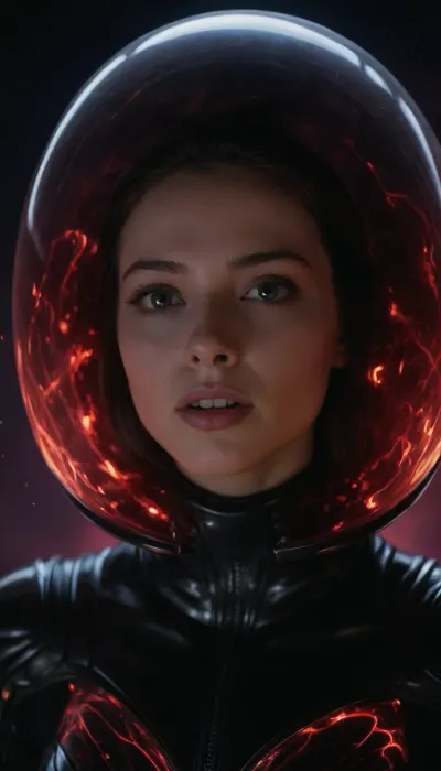 "A hyper-realistic, cinematic close-up of the alien—now in motion, surrounded by a surging, otherworldly aura."

The alien barrels forward through the vacuum of space, but the camera cuts in—tight. Close. Right on her form as it rushes through the stars.

The exosuit gleams under the dim starlight, black and jagged like forged obsidian, etched with glowing red runes that pulse in sync with its movement. Around her body, the aura roars to life—no longer restrained.

She’s no longer a glow.
She’s a storm.

Crimson lightning lashes through the energy field, tangled with ultraviolet streaks and deep violet pulses. The aura shapes itself like wings—then claws—then collapses inward before exploding again with every thrust forward.

The camera focuses tightly on her face—if it can be called a face. Just that thin, vertical slit of red that blazes like a furnace. No eyes. No mouth. Just intent.

Every frame captures the impossible stillness of its armor contrasted with the violent storm of energy surrounding it. Sparks fly from its hands. The void itself seems to twist in protest.

She’s not flying.

She’s tearing through reality.

And even in motion, even at impossible speed—there’s a sense that it sees everything. Every threat. Every challenge.

She’s not hunting. She’s coming.