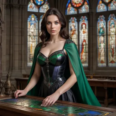 a girl whith very big boobs, green eyes, dark hair, semi nude, create a masterpiece of glass in a gothic cathedral, girl using a workbench to work on stained glass, she is a glass master of middle age, wearing middle age colored clothes similar to color of the stained glass, boobs are revelant, she is wearing a cape, she is creating a master piece of stained glass