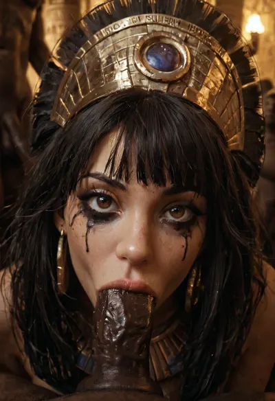 evil pale woman, bright brown eyes, heavy egyptian makeup running, dirty boobs, egyptian headdress, blowbang, deepthroat, (gold makeup:1.2), (egyptian men:1.1), (egypt tattoos:.8), (wide eyes:1.1), dark underworld scene, fire lighting, statues, face closeup, random angle, looking at viewer, letitbrn, <lora:stargateJackal-SDXL:.5>, <lora:stargateHorus-SDXL:.5>, <lora:dark:.5>, <lora:- SDXL - letitbrn_let_it_burn_V1.0:.5>