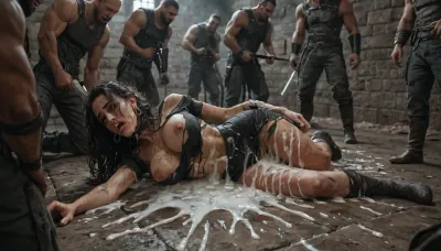 Black woman, gang rape, forced penetration, excessive cum, exhausted, ripped clothes, dirty cellar