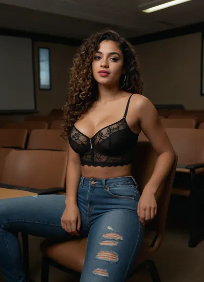 (masterpiece, best quality, photorealistic, ultra-detailed, highres), 1girl, 22 y.o., long curly dark brown hair with golden streaks, named Camila Reyes, warm caramel skin, hazel eyes with gold shimmer shadow, Latina facial features, full red lips and defined brows, voluptuous hourglass body, large soft breasts, thick thighs and full hips, expressive and flirty, university student, studying architecture, winking with tongue out, leaning back in classroom chair with legs apart, rose tattoo along hipbone, wearing mesh crop top without bra, low-waist jeans unbuttoned, in open lecture hall with projector screen behind, <lora:add-detail-xl:1.2>