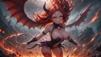 A demoness with large horns on the side of her head, large firm breasts, long red hair, hair blowing in the wind, she is lightly escorted, she has a demon tail, demon wings, flames in the background, hell