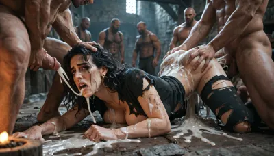 Black woman, gang rape, forced penetration, excessive cum, exhausted, ripped clothes, dirty cellar