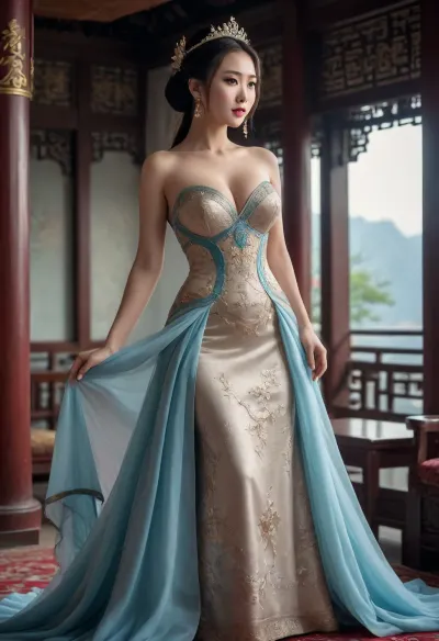 Beautiful chinese princess with enanliegenden figure-hugging dress, the enormously large breasts stretch very strong under the dress and the curves of the hips are perfect