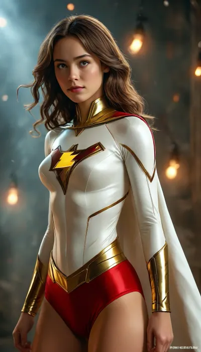 DC Mary Marvel, (((Shazam))), full body view, 18-year-old, petite, fully nude, big breasts, facing viewer, midriff, nude, masterpiece, HQ photo, movie poster, fit body, shazam suit, white cape, 8k, UHD, HDRI cinematic, ((((hair)))), Stright hair, brown hair, skirt, lightning coming off of body, [color], clear background., <lora:MJ52:.8>