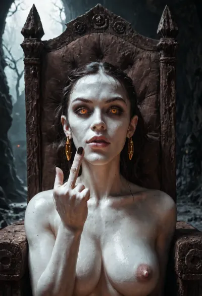 (old woman:.6), (white skin:1.2), orange eyes, nude, in throne, showing her middle finger and holding her boob, evil stare, looking at viewer, sexy feet, face closeup, portrait masterpiece, showing, the, middle, finger, depths, of, h3ll, ((dark evil caves)), perfecteyes, <lora:sdxl_middlefinger_v1-step00003900:.3>, <lora:depths_of_h3ll:.5>, <lora:HandFineTuning_XL:1>, <lora:681678_training_data:1>, <lora:lora-sdxl-perfect-eyes:1.5>