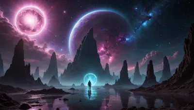 Create a highly detailed, cinematic illustration of a surreal and mysterious cosmic landscape. The scene should feature a vibrant nebula swirling with neon blues, deep purples, and glowing golds, dotted with shimmering star clusters. In the foreground, include ancient, floating celestial ruins covered in intricate alien hieroglyphs, illuminated by an unknown light source. Add a massive, translucent planet with a glowing core hovering in the distance, casting ethereal reflections on a sea of liquid stardust. Incorporate surreal elements like levitating crystalline structures, drifting cosmic jellyfish with bioluminescent tentacles, and a lone astronaut in a retro-futuristic suit standing on a crumbling platform, gazing into the abyss. Use dramatic lighting, hyper-detailed textures, and a sense of vast, awe-inspiring scale to evoke wonder and enigma. Style, Hyper-realistic with a touch of surrealism, blending sci-fi and fantasy, 7-nasa, galaxies, nebula, <lora:Nasa Style v1.0:.5>, dark, chiaroscuro, low-key, <lora:zavy-cntrst-sdxl:.8>