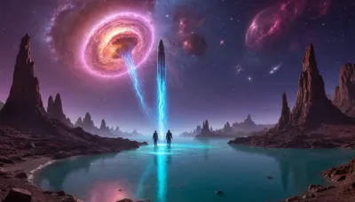 Create a highly detailed, cinematic illustration of a surreal and mysterious cosmic landscape. The scene should feature a vibrant nebula swirling with neon blues, deep purples, and glowing golds, dotted with shimmering star clusters. In the foreground, include ancient, floating celestial ruins covered in intricate alien hieroglyphs, illuminated by an unknown light source. Add a massive, translucent planet with a glowing core hovering in the distance, casting ethereal reflections on a sea of liquid stardust. Incorporate surreal elements like levitating crystalline structures, drifting cosmic jellyfish with bioluminescent tentacles, and a lone astronaut in a retro-futuristic suit standing on a crumbling platform, gazing into the abyss. Use dramatic lighting, hyper-detailed textures, and a sense of vast, awe-inspiring scale to evoke wonder and enigma. Style, Hyper-realistic with a touch of surrealism, blending sci-fi and fantasy, 7-nasa, galaxies, nebula, <lora:Nasa Style v1.0:.5>