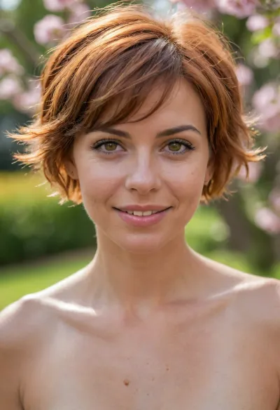 A professional nude romantic portrait of a beautiful adorable petite Italian 37 year old, (sweaty:1.4), woman in the blooming summer park. She has tanned skin, ((round face)), blushing cheeks, charming, ((hazel eyes)), perky tits, thin eyebrows, happy smile, bright orange hair, freckled face, short wavy hair, ((pixie haircut)), . Helios lens, very detailed, shallow depth of field, flowers in the background, vivid colours, ultrarealistic, masterpiece, wild bokeh. Back view.