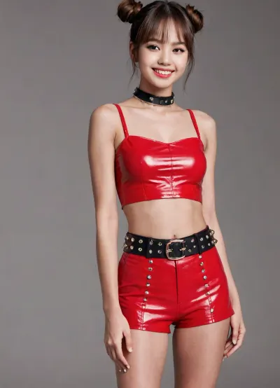 Beautiful Asian woman with a good figure, Smile happily, (Red patent leather crop top with black star details and cut-out sections.

Matching red high-waisted shorts with studded belts and buckles as accessories.

Fishnet tights underneath the shorts.

Red fingerless gloves on one hand.

Statement jewelry, including a layered choker-style necklace.

Hair styled in space buns, adding to the edgy, pop-star look.), sexy pose, lalisaxl, woman, bang, <lora:lalisaxl:.8>
