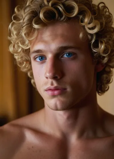 gay porn, gay boy nude, gay man, ultra realist face, 19-year-old boy, blue eyes, curly blond hair, soft button nose, full lips, youthful and cute appearance, flash photo light, masturbating, esperm, penis