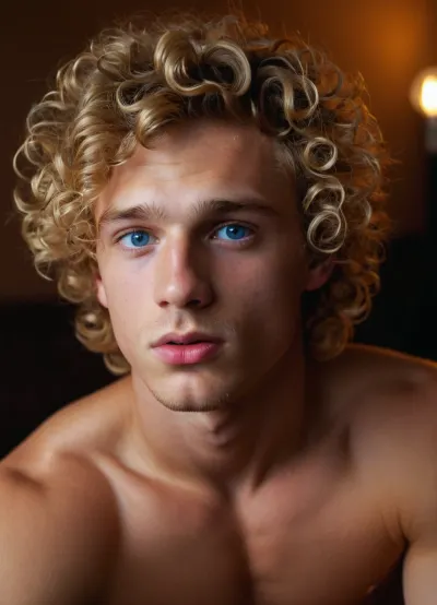 gay porn, gay boy nude, gay man, ultra realist face, 19-year-old boy, blue eyes, curly blond hair, soft button nose, full lips, youthful and cute appearance, flash photo light, masturbating, esperm, penis
