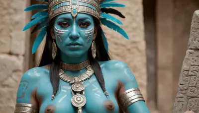 Half body view, focus on a ceremonial Aztec stone tabley, Aztec priestess in a ritualistic outfit, she has turquoise bodypaint streaking across her body and face, she has prepared some tributes to the Gods that lay upon a stone tablet