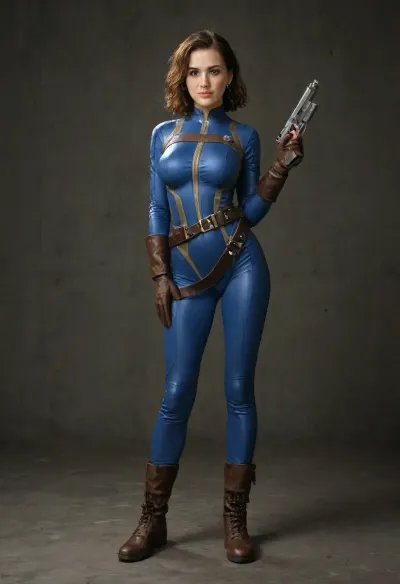 a woman from the videogame Fallout with brown hair, blue eyes, perfect face with clean skin, (big breasts), slender, slim body, view full body, vault-tec 19 blue tight suit latex with hinge lowered to half, brown leather gloves, brown leather boots, gun belt, it's in a relaxed pose, and it's in a post atomic vault-tec background, wearing, a, Vault, Suit, with, Leather, Armor, and, PipBoy, on, her, wrist, his, vltdr, <lora:312968_training_data:.8>, <lora:459405_training_data:.8>, FalloutCinematic, <lora:FalloutCinematic:.8>