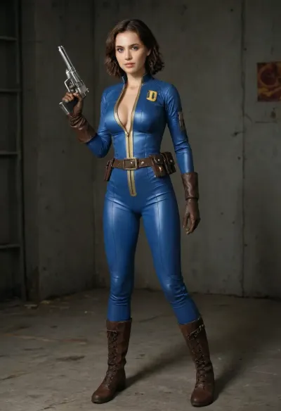 a woman from the videogame Fallout with brown hair, blue eyes, perfect face with clean skin, (big breasts), slender, slim body, view full body, vault-tec 19 blue tight suit latex with hinge lowered to half, brown leather gloves, brown leather boots, gun belt, it's in a relaxed pose, and it's in a post atomic vault-tec background, wearing, a, Vault, Suit, with, Leather, Armor, and, PipBoy, on, her, wrist, his, vltdr, <lora:312968_training_data:.8>, <lora:459405_training_data:.8>, FalloutCinematic, <lora:FalloutCinematic:.8>