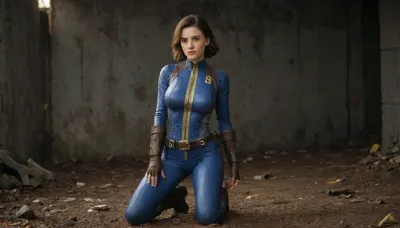 a woman from the videogame Fallout with brown hair, blue eyes, perfect face with clean skin, (big breasts), slender, slim body, view full body, vault-tec 19 blue tight suit latex with hinge lowered to half, brown leather gloves, brown leather boots, gun belt, it's in a relaxed pose, and it's in a post atomic vault-tec background, with other person living in vault man and woman, wearing, a, Vault, Suit, with, Leather, Armor, and, PipBoy, on, her, wrist, his, vltdr, <lora:312968_training_data:.8>, <lora:459405_training_data:.8>, FalloutCinematic, <lora:FalloutCinematic:.8>, <lora:SDXLHighDetail_v6-000005:.8>, wuzhou, <lora:wuzhou-wwm:.8>
