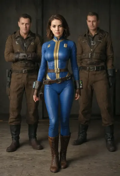 Beautyfull girl from the videogame Fallout with brown hair, (talk to four people around her), (four man living in vault all dressing vault-tec suit, perfect face, perfect eye, perfect body, good proportions), blue eyes, perfect face with clean skin, (big breasts), slender, slim body, sexy expressions, view full body, With one hand massages a man erected cock over the fabric of the suit, vault-tec 19 blue tight suit latex with hinge lowered to half, brown leather gloves, brown leather boots, gun belt, it's in a relaxed pose, (and it's in a post atomic vault-tec background along), wearing, a, Vault, Suit, with, Leather, Armor, and, PipBoy, on, her, wrist, his, vltdr, FalloutCinematic, <lora:312968_training_data:1>, <lora:459405_training_data:1.7>, <lora:FalloutCinematic:1.2>