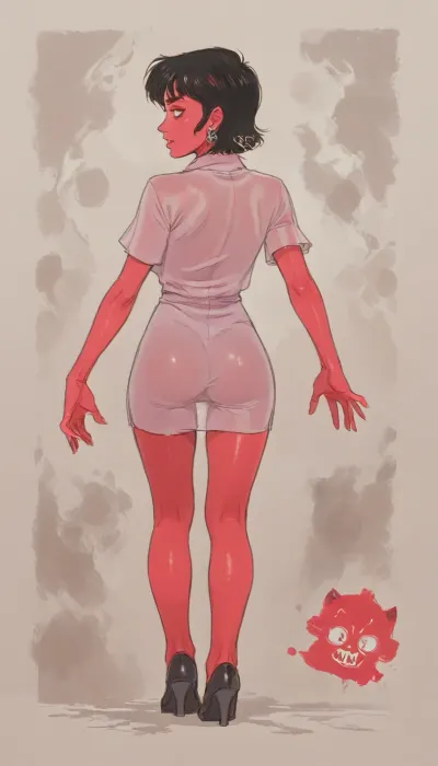 (back view), Mooning, (showing ass), (ratatatat74), 90s Anime, (Outline), (cartoon), tooned, 1girl, cartoon, low color palette, sexy, painted, illustration, made in adobe illustrator, no gradients, incase style, demon girl, evil smiling, full body, straight demon horns, sexy Fantasy outfit, slutty clothes, see through, revealing, emo and goth accessories, (thick hips), black hair, (red skin), Wide hips, makeup, thick eyebrows, eyeshadow, lips, simple abstract background, concept, big ass, art, by, syd, mead, retro, flat colors, (Perfect Hands), mooning, <lora:ratatatat74-000050:1.1>, <lora:outline_xl_kohaku_delta_spv5x:.5>, <lora:cartoon_stickers_xl_v1:.8>, <lora:NEOTOKIOXL_0.2_RC:.5>, <lora:mooningv2_SDXL:.3>
