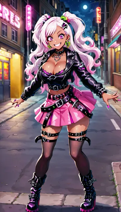 Street, night, neon, gyaru, gothic, smiling, excited, cleavage, white hair, long hair, pink skirt, (belts:1.5), black stockings, high boots, earrings, jewelry, hair ornaments